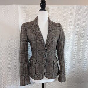 Zara Basic Brown Plaid Wool Blend Blazer Elbow Patches Size XS Academia Preppy